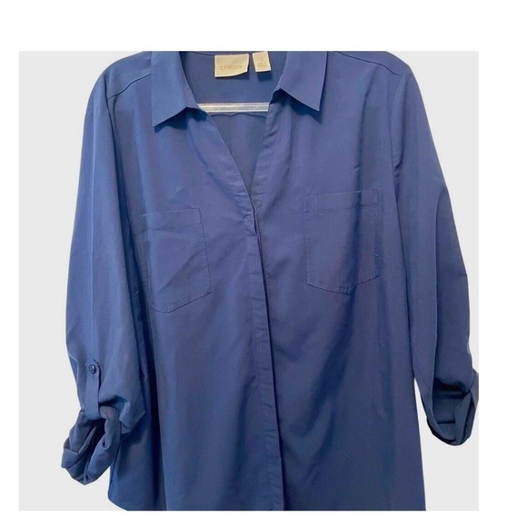 Chico's Tops - Chicos Navy Blue Roll Tab Sleeve Button Down Shirt Size Large XL Hidden Placket